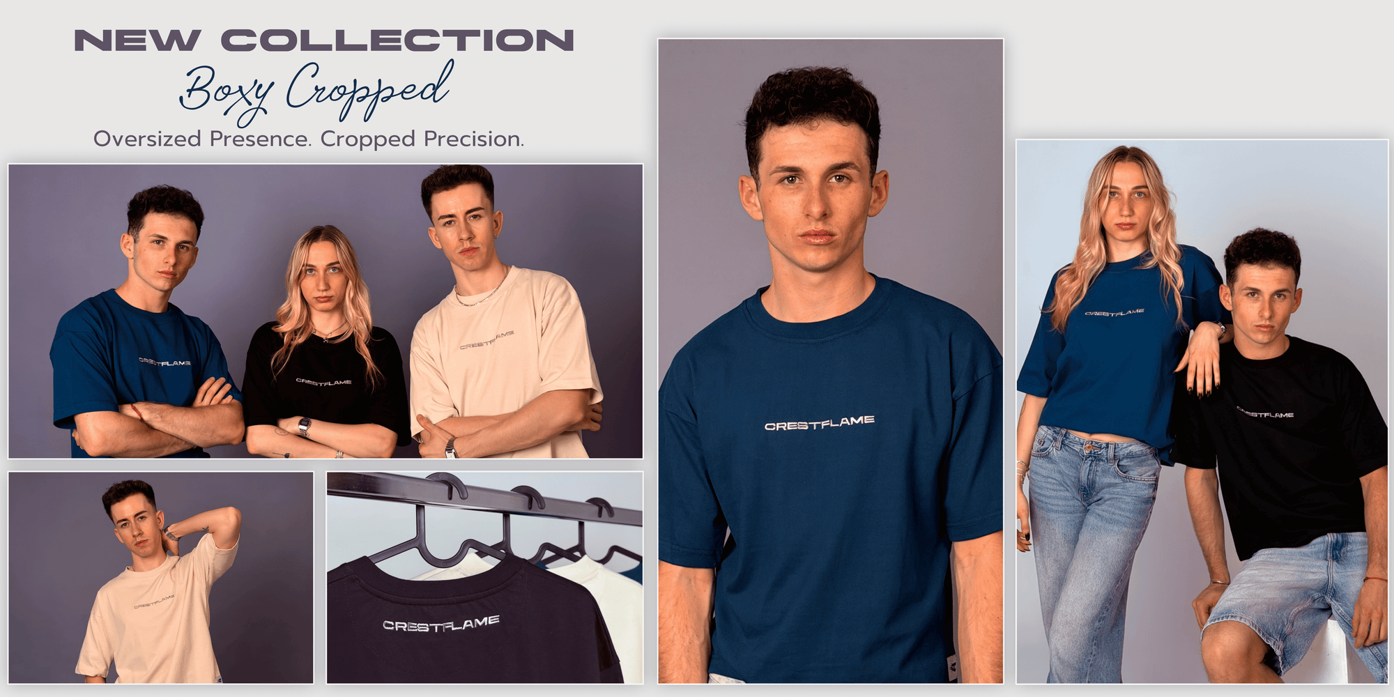 Promotional image of a clothing brand with models wearing shirts and a close-up of a shirt on a hanger.